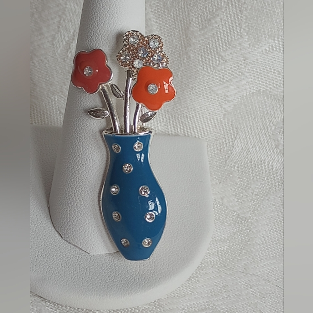 Modern Mauve Pink Orange Light Blue Clear Rhinestone Flower Pot 2in Brooch